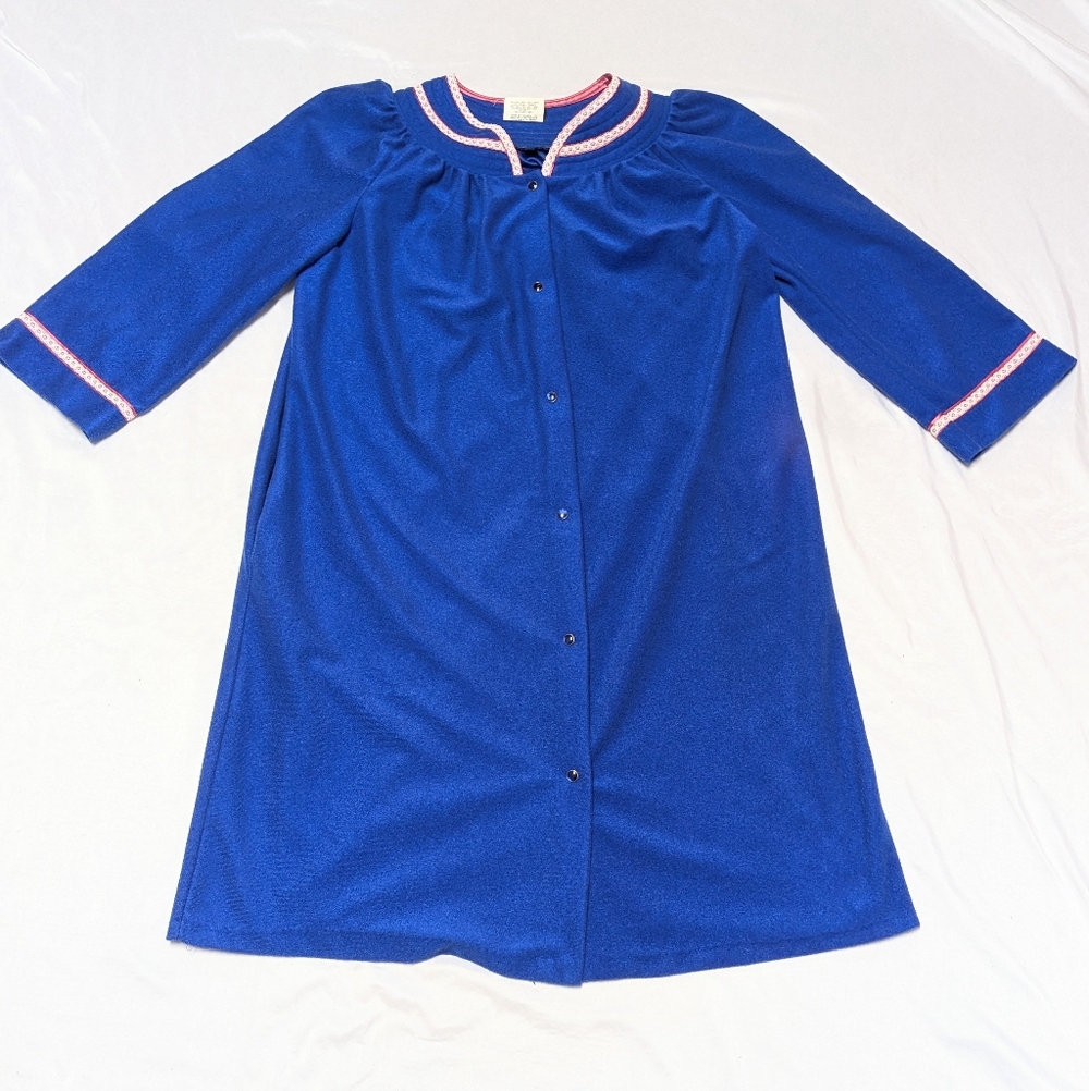 Vintage Fleece Royal Blue Snap Front Nightgown‎ House Dress Pockets Pink Lace
